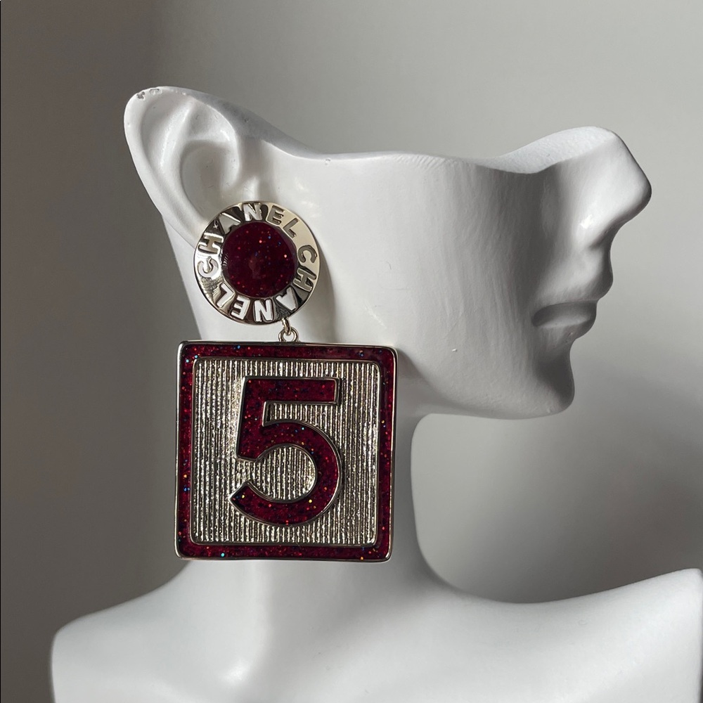 Cc 5 Gold-Tone Red Number 5 Drop Earrings